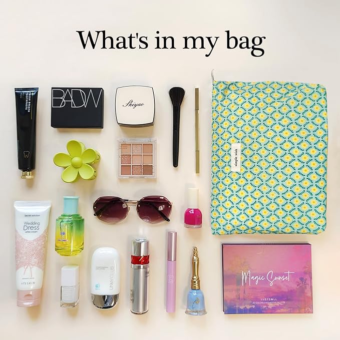 STARDW Aesthetic Floral Makeup Bag Cute Small Cosmetic Bags for Women Girls, Travel Toiletry Bag Large Capacity Zipper Makeup Pouch, Purse Organizer Pouches (Yellow Floral)