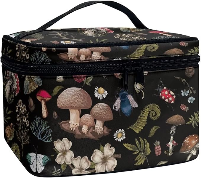 Dark Cottagecore Forest Mystical Moss Mushroom Print Makeup Travel Bag Portable Cosmetic Bags with Handle Travel Accessories Large Toiletry Bags for Traveling Women Organizer and Storage