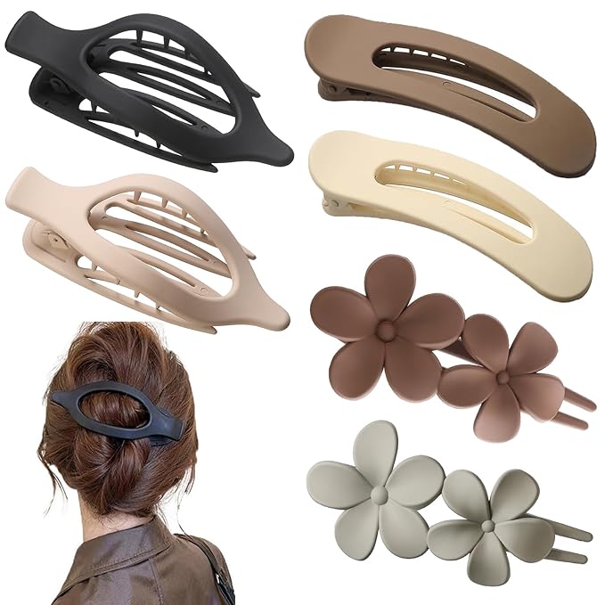 6 PCS Flat Hair Clips, French Lay Flat Claw Clips for Women Girls, 3 Styles Strong Hold Non-slip Matte Hair Claws for Thin Thick Hair(Black&White)