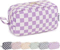 Narwey Checkered Makeup Bag Travel Cosmetic Bag Organizer Small Toiletry Bag Make Up Bags with Organized Pockets for Women (Purple Checkerboard, Large)