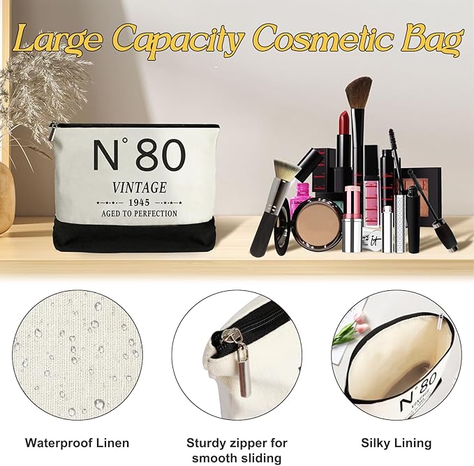 80th Birthday Gifts for Women Canvas Tote Bag Travel Gear, Unique 80 Years Old Gifts for Wife Sister Mom Aunt Friends Her, Vintage N°80 Handbag & Cosmetic Bag & Back in 1945 Poster