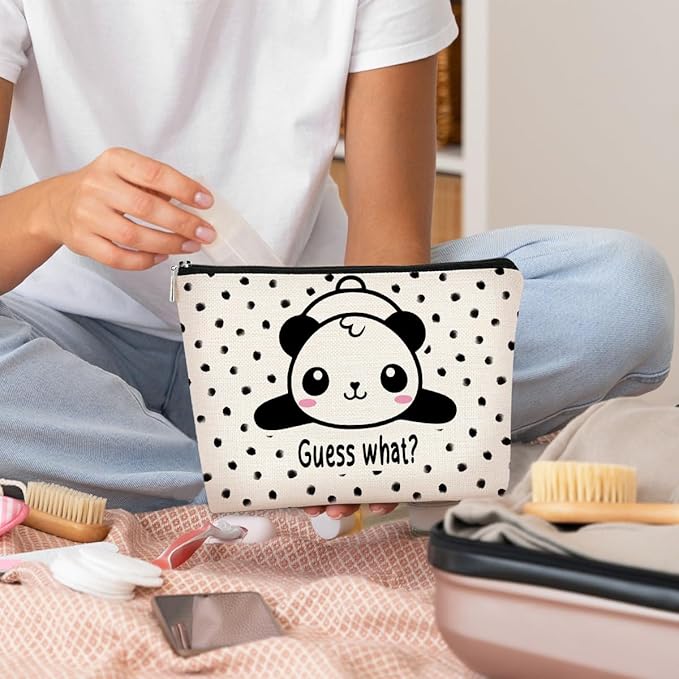Panda Gifts Makeup Bag for Women Girls - Cute Baby Panda 'Guess What It's Pug Butt' Cosmetic Case for Teens Daughter - Accessories (Black and White Dots 1)