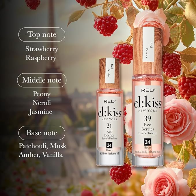 EL:KISS Roll On Perfume, Red Berries Inspired by YSt L's Mon Paris, Eau de Parfum 12mL (.40 Fl Oz), Hydrating & Long-Lasting, Alcohol-Free & Mineral Oil-Free, Infused With Jojoba, Argan & Coconut Oil