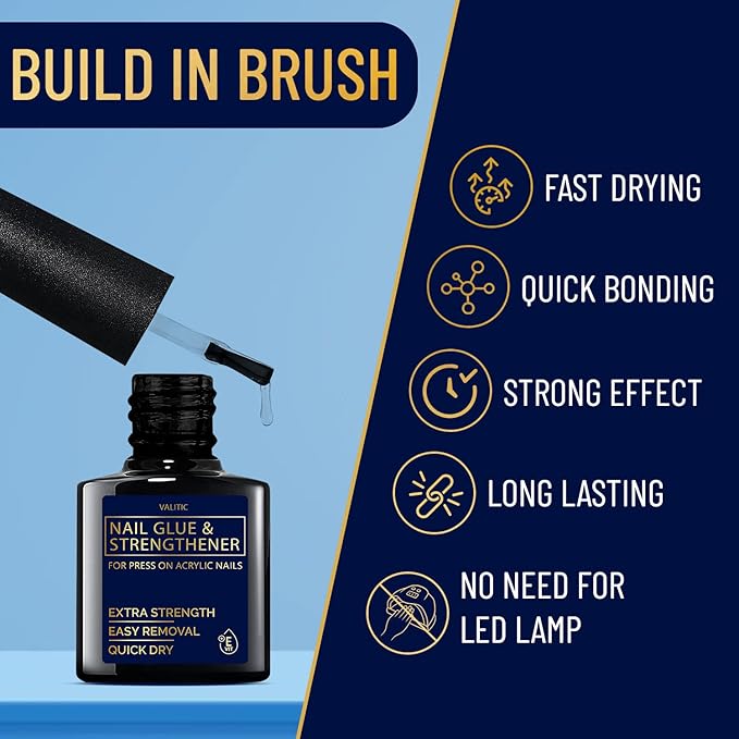 Valitic Strong Nail Glue and Strengthener for Acrylic and Press On Nails - Quick Dry Brush On Gel for Long Lasting Effect - Adhesive Nail Bond for False Nails with Tips Strengthener - 2 PACK