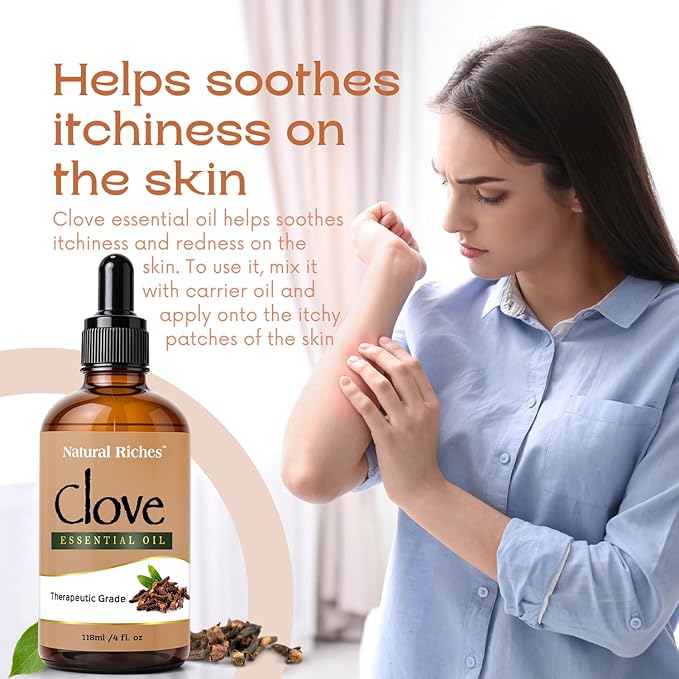 Natural Riches Pure Clove Essential Oil 4 Fl Oz, Therapeutic Grade for Tooth Ache Soothes Sore Muscles Clove Bud Oil Essential Oil for Teeth, Gums, Toothache, Skin Use and Hair Care.
