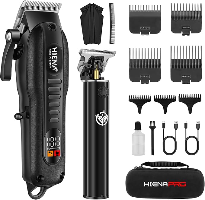 HIENA PRO Professional Hair Clippers Set for Men Cordless Hair Cutting Kit Barber Kit Rechargeable Clippers and Trimmers Set Clipper Set for Barbers with LED Display, Gifts for Men, (Black)