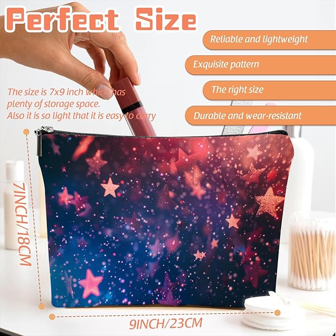 Makeup Bag Travel Cosmetic Bags Small Makeup Case Waterproof Zipper Pouch for Women Girls 7X9inches - Stars in A Blurred Galaxy of Reds And Blues