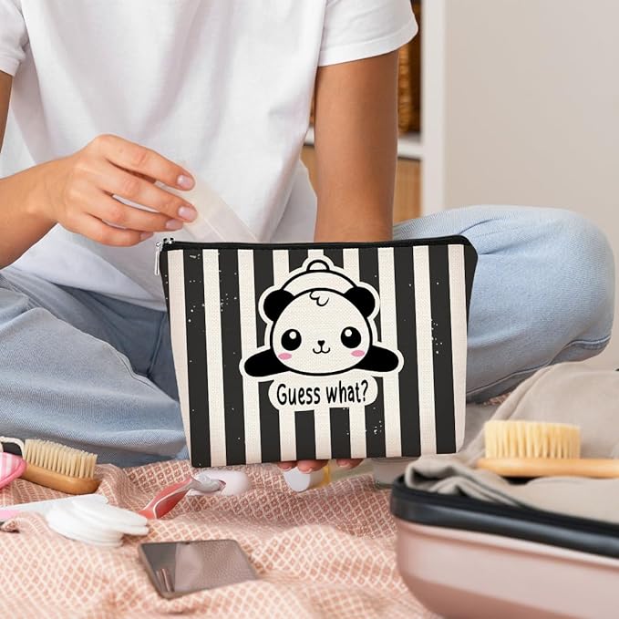 Panda Gifts Makeup Bag for Women Girls - Cute Baby Panda 'Guess What It's Pug Butt' Cosmetic Case for Teens Daughter - Accessories (Black and White Stripe 1)