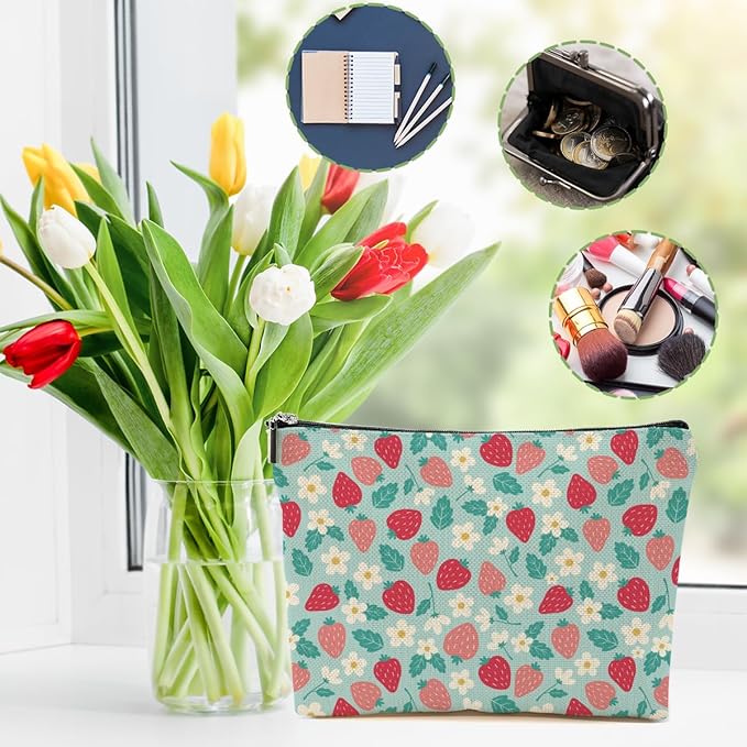 Cute Flowers Strawberry Makeup Bag Floral Cosmetic Bag Friend Friendship Gifts for Women Girls Sister Mom Coworker Botanical Travel Organizer Zipper Pouch Christmas Thanksgiving Birthday Gifts
