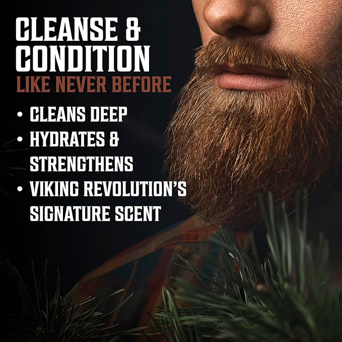 Viking Revolution Beard Wash & Beard Conditioner Set with Argan & Jojoba Oils - Softens and Strengthens - Natural Sandalwood Scent - Beard Shampoo with Beard Oil (17 oz)