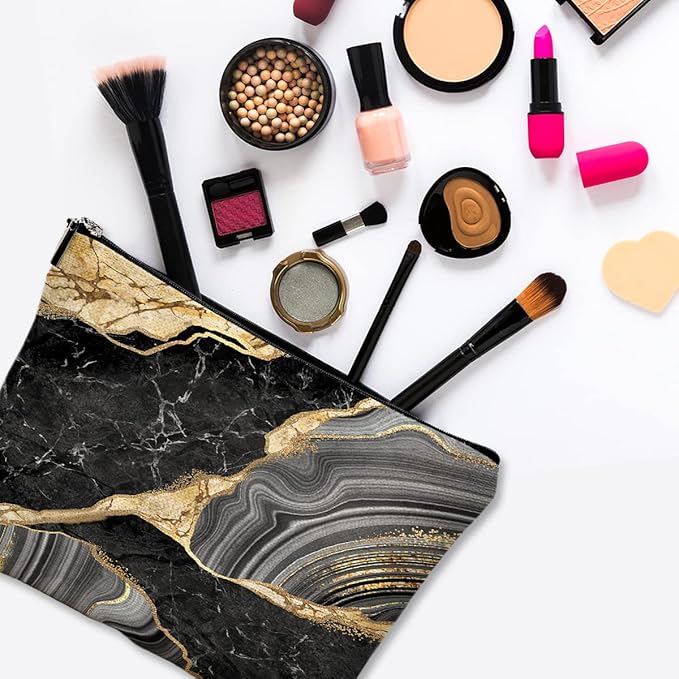 Cute Makeup Bag for Purse Canvas Waterproof Funny Cosmetic Bags for Women Zipper Travel Toiletry Pouch-Black Marble Makeup Bags