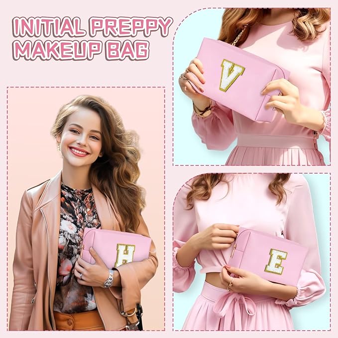 TOPEAST Initial Cosmetic Bag, PU Leather Waterproof Travel Toiletry Bag, Monogrammed Gifts for Women, Personalized Birthday Gift for Sister Friends, Cute Stuff for Girls (Pink K)