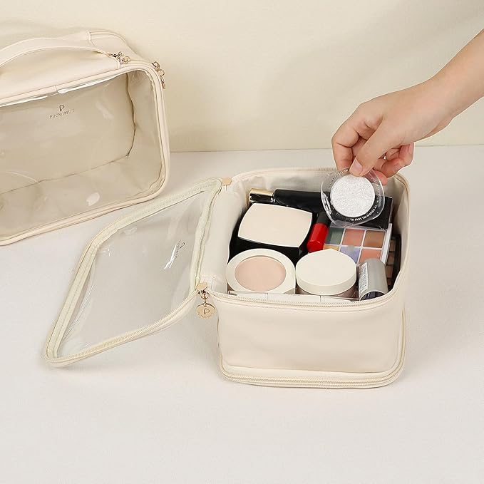 Pocmimut Clear Makeup Bags,Small Makeup Pouch with Large Cosmetic Bag Toiletry Bag Car Accessories Storage for Women,Travel Essentials Organizers,Beige