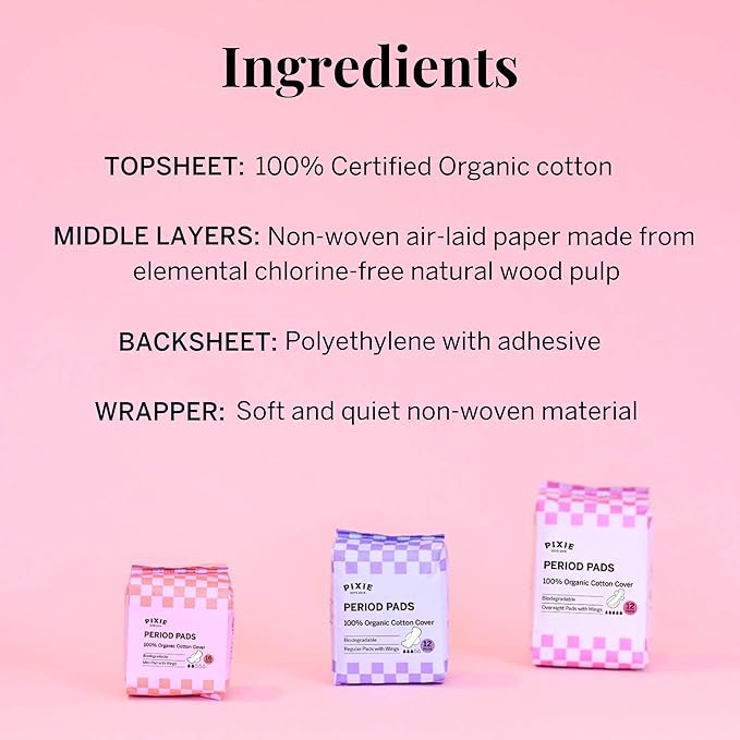 Pixie Organic Cotton Pads for Women - Ultra Thin with Wings, Leak-Proof & Moisture-Wicking for Feminine Care - Compostable, Unscented Menstrual Pads - Regular Absorbency - 48 Count