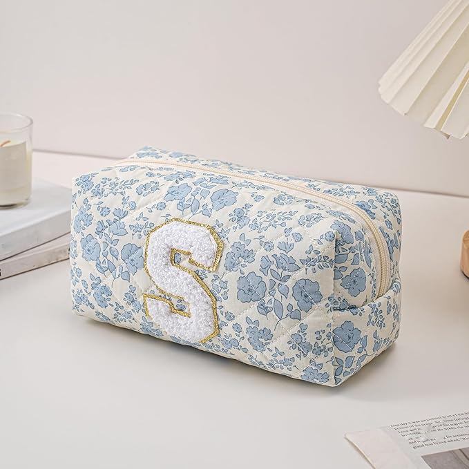 JOVAKIT Makeup Bag Cosmetic Bags for Women, Christmas Gifts for Girls Age 6-18, Alphabet Pink Floral Coquette Zipper Travel Makeup Pouch, Organizer Case Trendy Stuff (Pink+ Blue S)