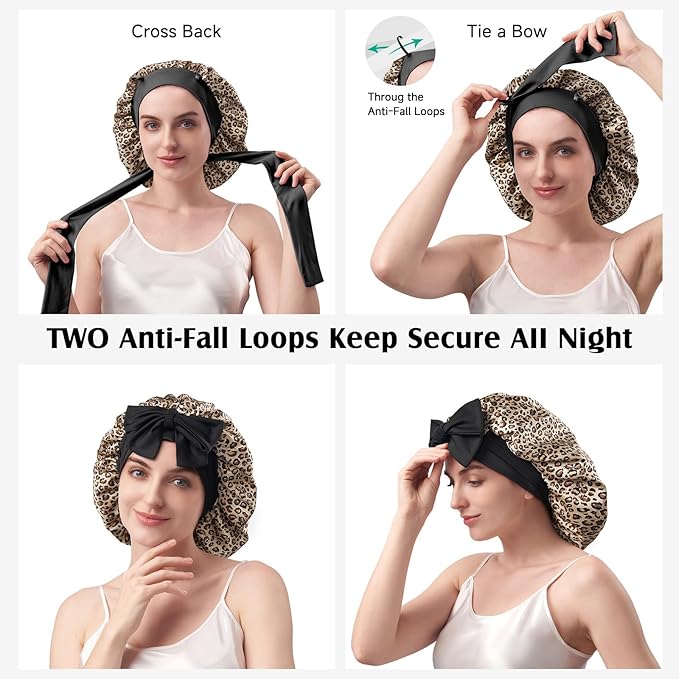 YFONG 100% 22 Momme Mulberry Silk Bonnet for Sleeping Women, Larger Double Layer Silk Hair Wrap for Curly Short Long Hair, Non-Slip Sleep Cap Turban with Elastic Tie Band (Leopard)