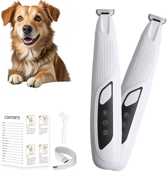 Professional Dog & Cat Trimmer - Quiet Electric Pet Grooming Kit for Ears/Eyes/Paws with LED Light - Cordless Battery-Powered Fur & Nail Clipper for Small/Large Breeds(White)