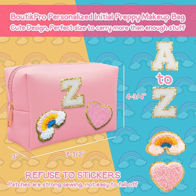 Personalized Inital Preppy Makeup Bag Set with Zipper, Monogram Waterproof Travel Cosmetic Bag for Women, Cute Preppy Patch Toiletry Bag for Traveling Outdoors, Gift Ideal for Christmas Thanksgiving