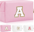 Personalized Initial Letter Patch Makeup Bag, Preppy Portable Chenille Cosmetic Bag with Zipper, PU Leather Waterproof Travel Toiletry Bag Monogram Make Up Pouch for Women Girls