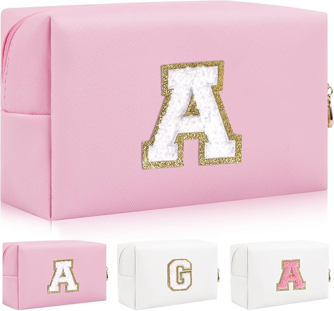 Personalized Initial Letter Patch Makeup Bag, Preppy Portable Chenille Cosmetic Bag with Zipper, PU Leather Waterproof Travel Toiletry Bag Monogram Make Up Pouch for Women Girls