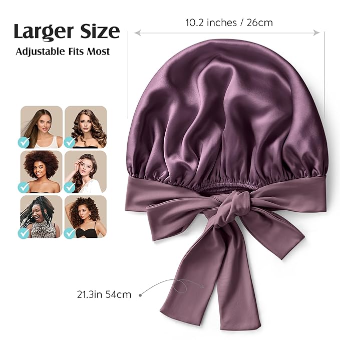 YFONG 100% 22 Momme Mulberry Silk Bonnet for Sleeping Women, Larger Double Layer Silk Hair Wrap for Curly Short Long Hair, Non-Slip Sleep Cap Turban with Elastic Tie Band for Hair Care, Purple
