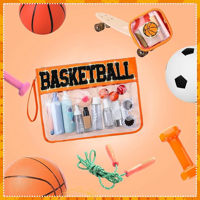 Hillban 2 Pcs Basketball Girls Gifts Makeup Cosmetic Bag Clear Toiletry Purse Chenille Letter Zipper Pouch Basketball Accessories for Women Sport Portable Travel Stuff Storage Case Bags