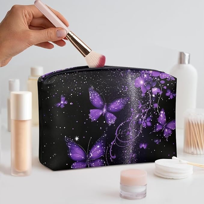 COEQINE Gothic Leather Cosmetic Bags for Women Trendy Purple Butterfly Cute Makeup Organizer Bag With Zipper Portable Toiletry Storage Pouch for Travel Work Casual Cosmetic Bag Style