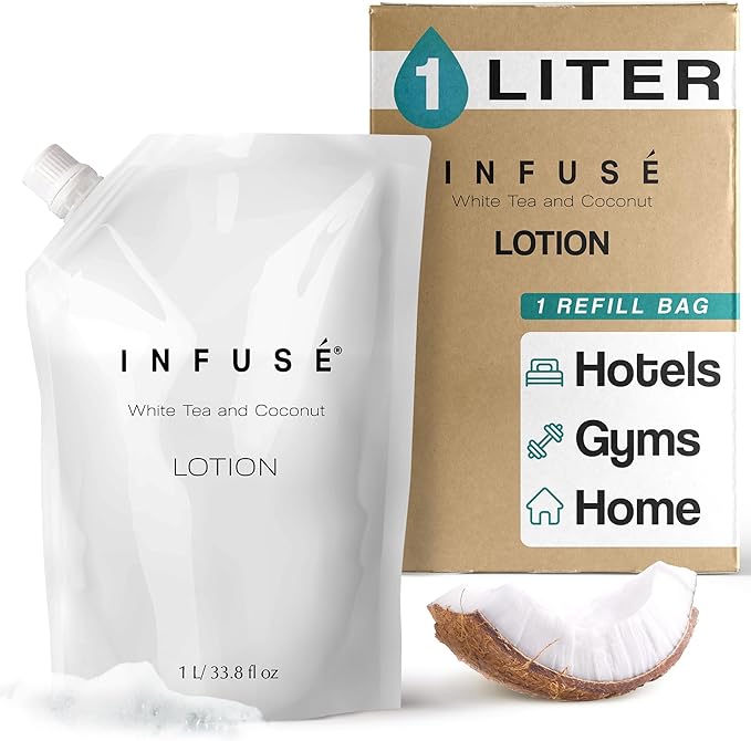 1 Liter Lotion Refill Bag For Soap Dispensers | Bulk Toiletries for Vacation Rentals, and Home Bathroom Showers | White Tea and Coconut | Single