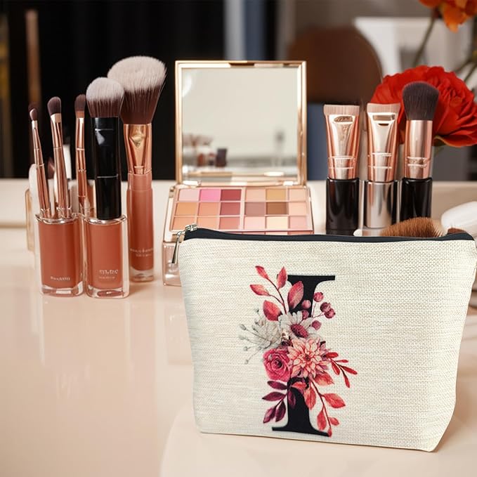Initial A-Z Personalized Floral Makeup Bag, Monogrammed Birthday Gifts for Women Mom, Mothers Day Christmas Gift Ideas for Best Friend, Bride Bridesmaid, Her, Grandma, Small Travel Cosmetic Bag (I)