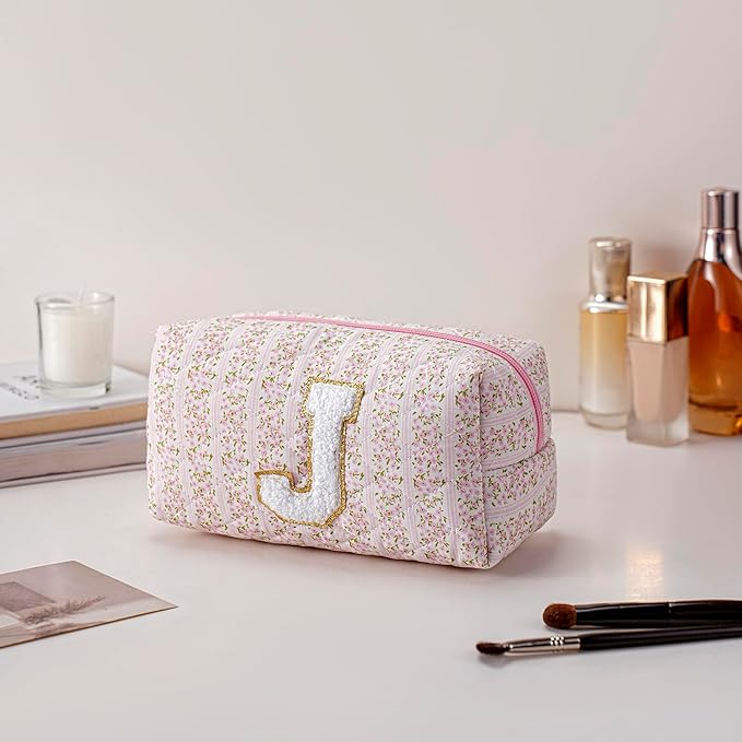 JOVAKIT Makeup Bag Cosmetic Bags for Women, Christmas Gifts for Girls Age 6-18, Alphabet Pink Floral Coquette Zipper Travel Makeup Pouch, Organizer Case Trendy Stuff (Pink+ Blue J)