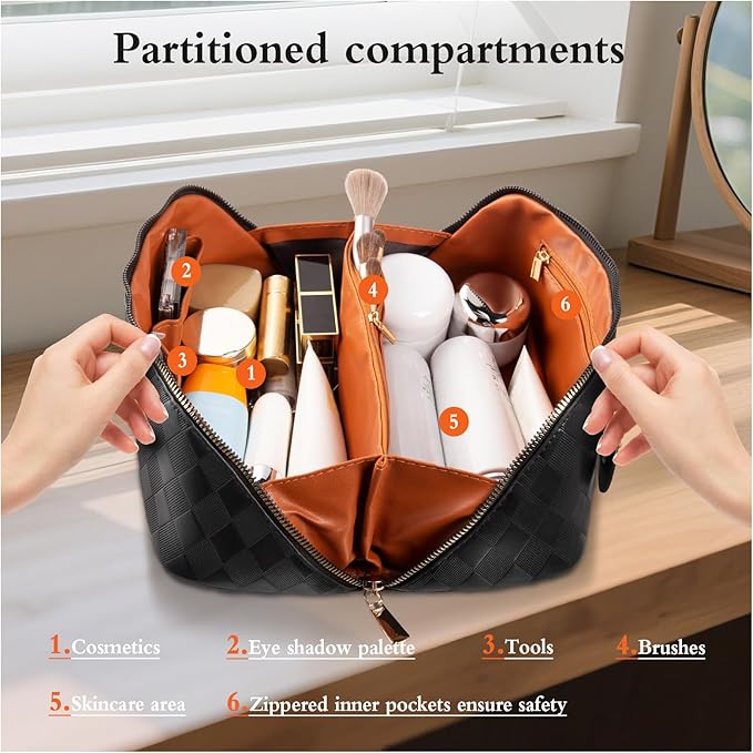 Abiudeng Travel Makeup Bag,Large Capacity Toiletry Bag Cosmetic Bags for Travel Essentials,Waterproof Portable Pouch Open Flat Makeup bag Organizer with Divider and Handle-black rhombus