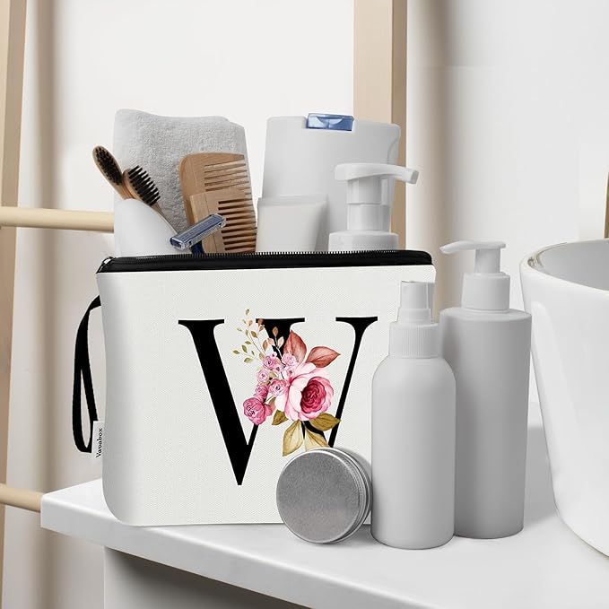 Vavabox A-Z Personalized Makeup Bag, Birthday Gifts for Women Mom, Gifts for Best Friend, Bride Bridesmaid Cosmetic bag (W, 03-White Set)