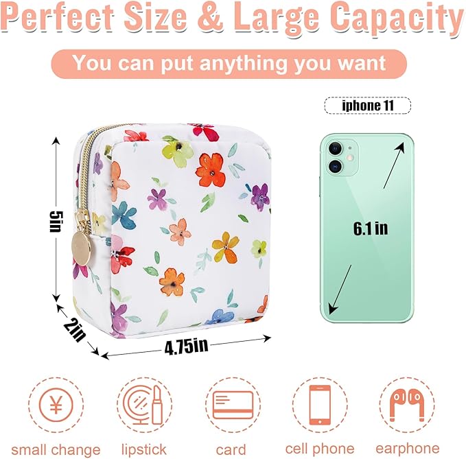 Nylon Mini Floral Makeup Bag for Purse, Small Cute Makeup Bag Preppy Flower Cosmetic Zipper Pouch, Waterproof Travel Set Coin Pouch Sanitary Napkin Storage Bag Makeup Organizer for Women(White-Flower)