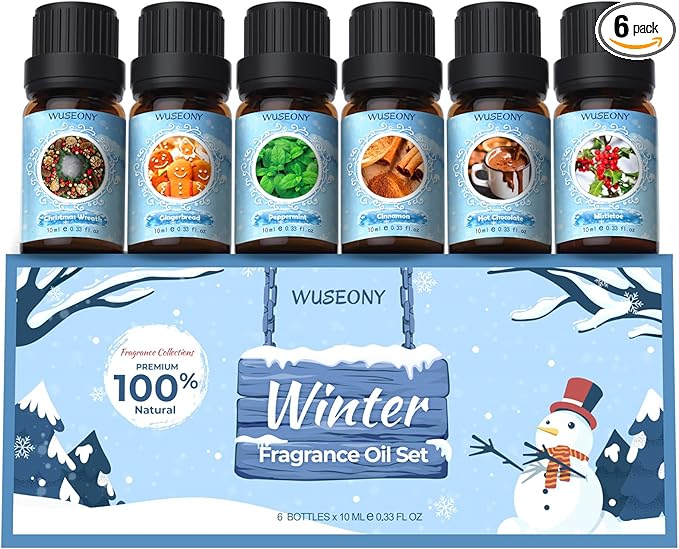 Winter Essential Oil for Diffusers Home, Holiday Fragrance Oils Set, Scented Oil Gift Set for Candle Soap Making - Christmas Wreath, Gingerbread, Mistletoe, Peppermint, Cinnamon, Hot Chocolate
