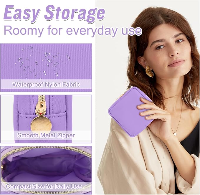 Nylon Mini Makeup Bag for Purse, Preppy Small Cute Makeup Bag Cosmetic Zipper Pouch Purse, Waterproof Travel Coin Pouch Sanitary Napkin Storage Bag Clutch Makeup Organizer for Women Men Girls(Purple)