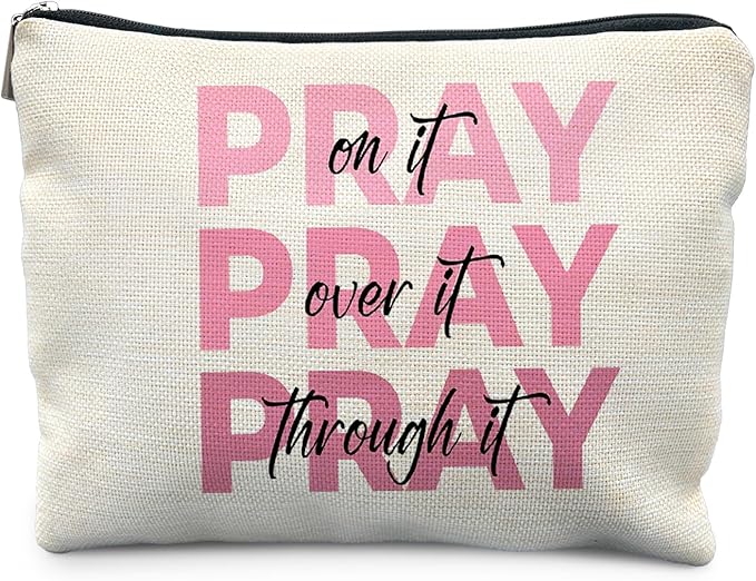 Pink Christian Makeup Bag, Pray On It Pray Over It Bible Verse Cosmetic Bags for Women, Trendy Girly Christian Makeup Pouch, Religious Gifts Zipper Pouch