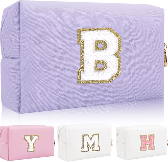 Personalized Initial Letter Patch Makeup Bag, Preppy Small Chenille Cosmetic Bag with Zipper, PU Leather Waterproof Travel Toiletry Bag Monogram Make Up Pouch for Women Girls