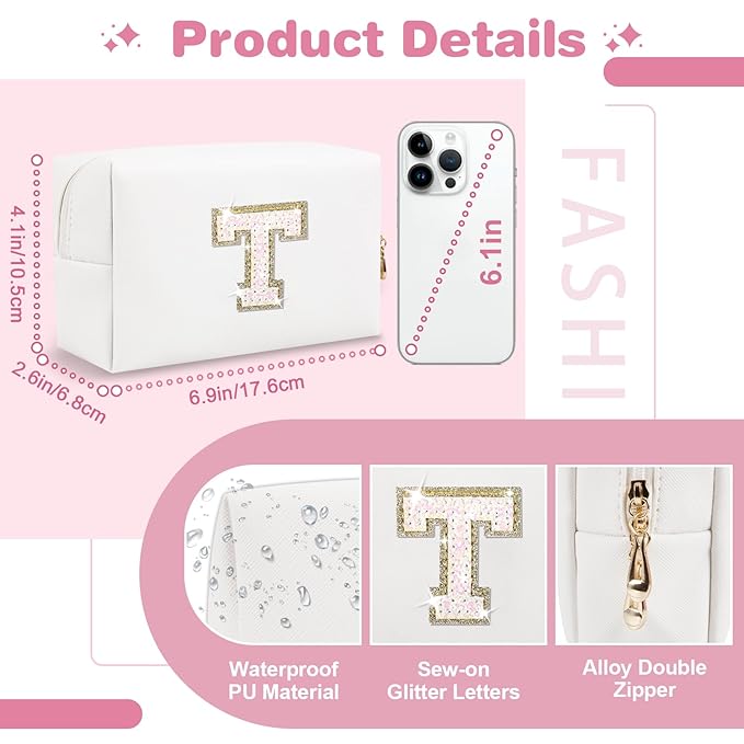 Small Initial Patch Makeup Bag Personalized Gifts Make Up Bag,White Cute PU Leather Glitter Letter Cosmetic Bag with Zipper,Trendy Portable Travel Toiletry Pouch,Preppy Stuff for Teen Girls Women T