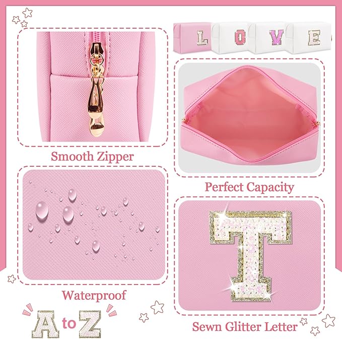 Personalized Initial Letter Makeup Bag, Small Preppy Glitter Letters Cosmetic Pouch PU Waterproof Zipper Travel Toiletry Bag, Unique Letters Patch Makeup Organizer Gift for Women Teen Girls(Letter T)