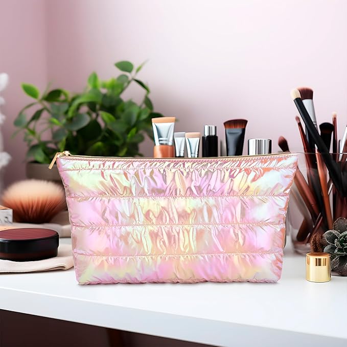 Hiroyuki Iridescent Quilted Makeup Bag, 3pcs Cute Makeup Bag Set, Large Capacity Cosmetic Organizer Travel Toiletry Pouch (plain, pink)