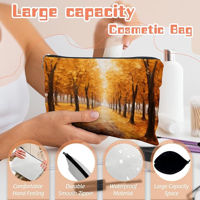 Makeup Bag Travel Cosmetic Bags Small Makeup Case Waterproof Zipper Pouch for Women Girls 7X9inches - Autumn Forest Path in Oil Painting