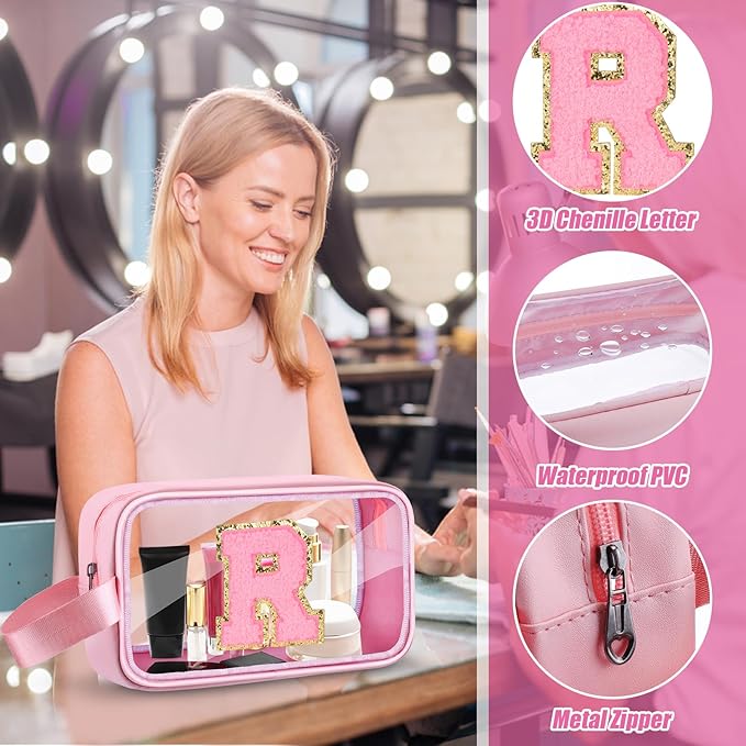 Initial Makeup Bag,Letter R Cute Clear Monogrammed Cosmetic Travel Bag for Womens Girls,Personalized Pink Aesthetic Traveling Make Up Organizer Bag for Beach,Waterproof Toiletry Bag