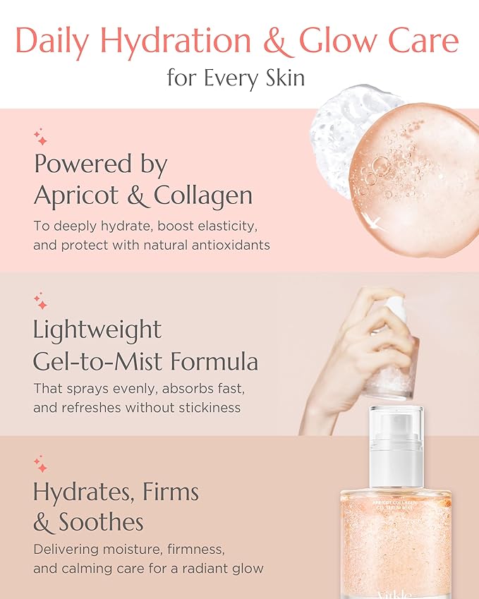 Apricot Collagen Gel Serum Mist - Korean Face Moisturizer French Patented with 8-Layer Hyaluronic Acid, Bakuchiol, Adenosine for Hydration Glow Firming Anti-Aging Spray, 3.38 fl.oz.