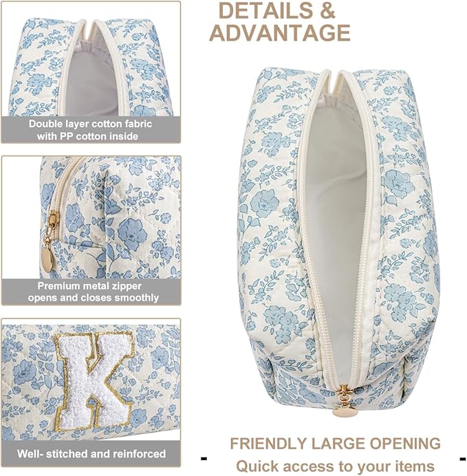 Gleyemor Personalized Initial Makeup Bag for Women, Cute Quilted Blue Floral Cotton Cosmetic Bag, Christmas Gifts for Her Mom Friend Sister Bridesmaid Teacher Women K