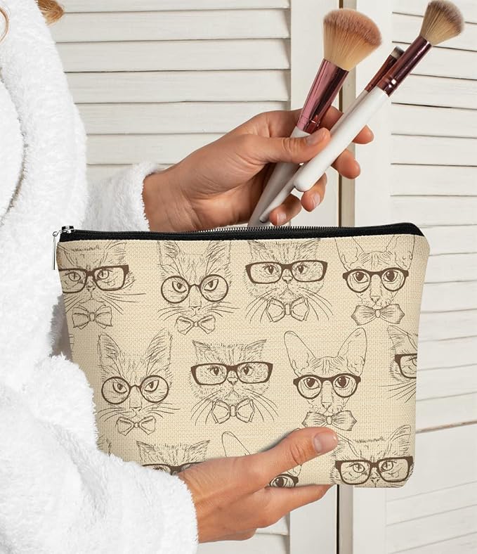 Retro Hipster Cats Makeup Bag,Cute Hand Drawn Kitty Cats Cosmetic Bag Best Gift Idea for Cat Lovers Teen Girls Women,Birthday Christmas Valentine's Day Gifts for Cat Moms Teen Girls Daughter Sister