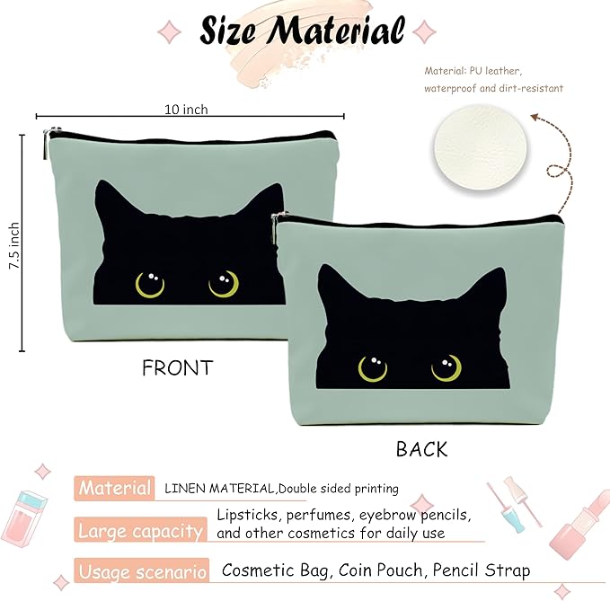 Black Cat Makeup Bag – Cute Cosmetic Pouch Travel Toiletry Bag, Zipper Organizer for Women Girls, Multifunction Cat Lover Gift Purse (Greener Pu Leather)