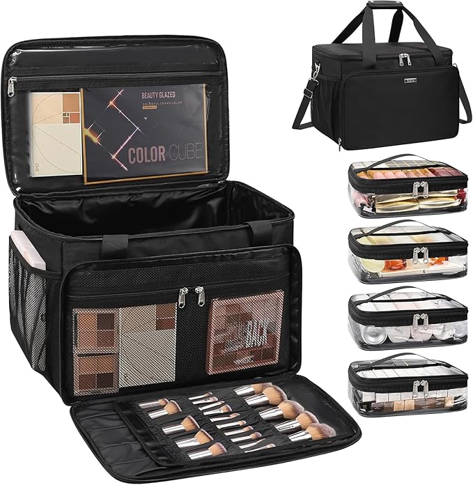 TANTO Extra Large Makeup Bag Travel Makeup Case Professional Makeup Artist Bag with 4 Clear Pouches Hairstylist Cosmetic Bag with Detachable Dividers and Shoulder Straps