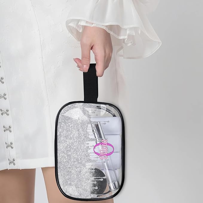 Personalized Name Toiletry Bag, Transparent PVC Large Travel Cosmetic Bag Portable Makeup Organizer Bag for Women Bathroom Shower Essentials, Silver Curtain Glittering