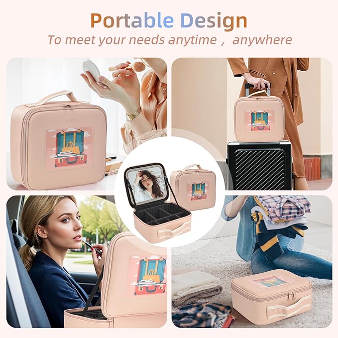 Travel Makeup Bag with LED Mirror,Removable Mirror with 3 Color Modes,Portable makeup travel organizer for Women,Makeup Case with 8 Adjustable EVA Dividers,Cosmetic Train Case with Lighted Mirror