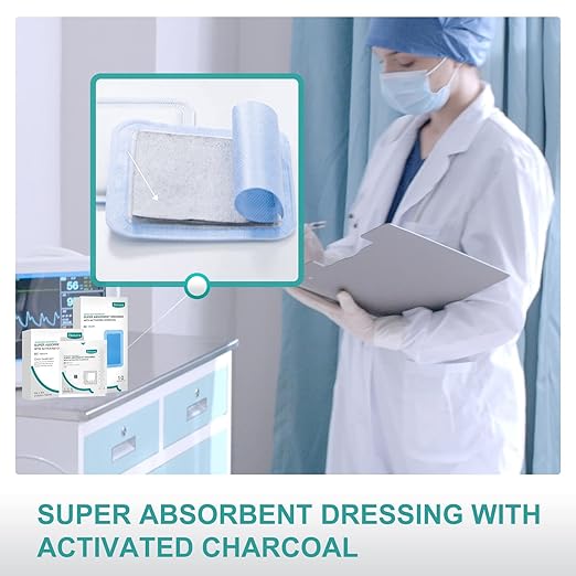 Dimora Upgrade Super Absorbent Dressing with Activated Charcoal, Superior Anti-Odor Moisture Absorpting Wound Dressing 4"x8" 10 Packs